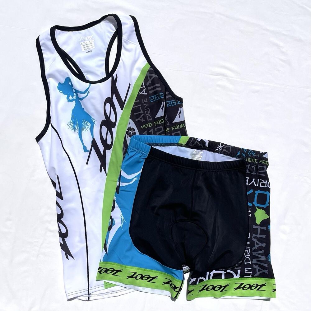 Zoot Kona Tri Set Womens XL Jersey Tank Shorts Blue Green Triathlon